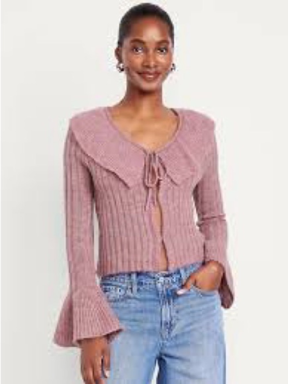 Old Navy Wool-Blend Ruffle Tie-Front Cropped Ribbed Sweater Cardigan